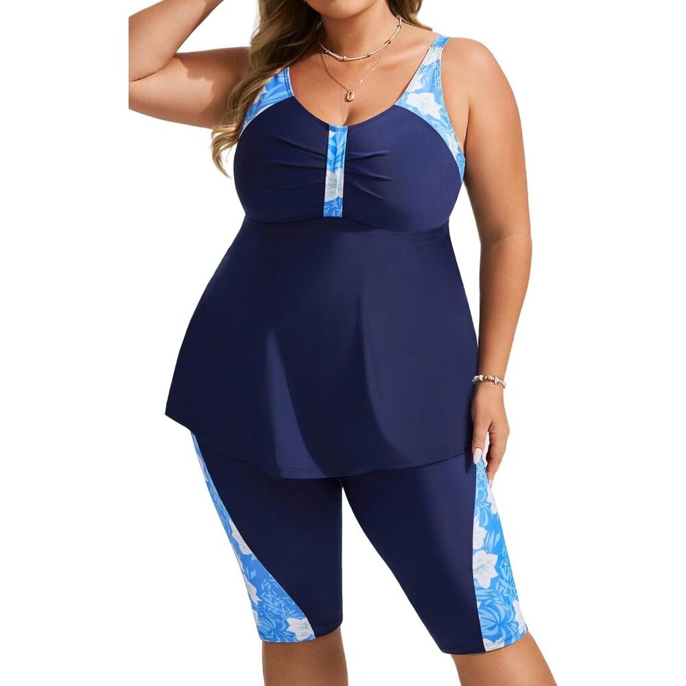 Hanna Nikole Plus Size 24W Two-Piece Modest Swim Set Womens Navy & Blue Floral